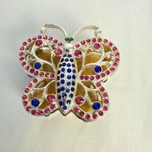 Silver Tone Rhinestone Embellished Butterfly Jewelry Box